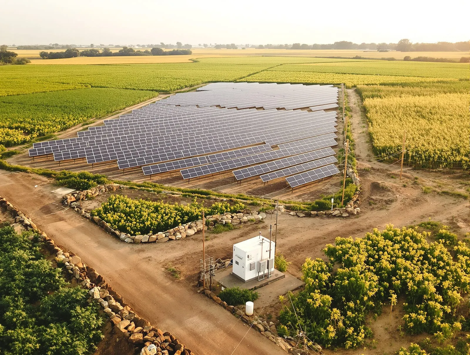 Illustrative image: a grid-connected solar plant beside farm fields, with a small substation