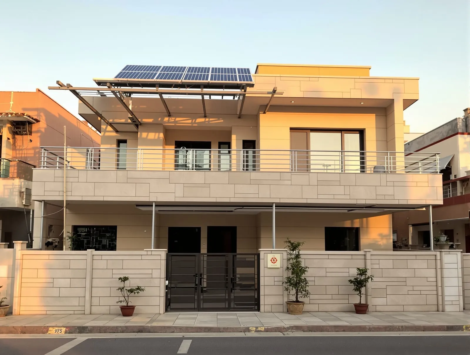 Illustrative image: a two-storey house with rooftop solar panels on its terrace